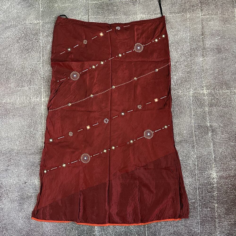 Women's Vintage 90's KaraVan Maroon Red 100% Indian Silk Long Skirt Dress Sz L